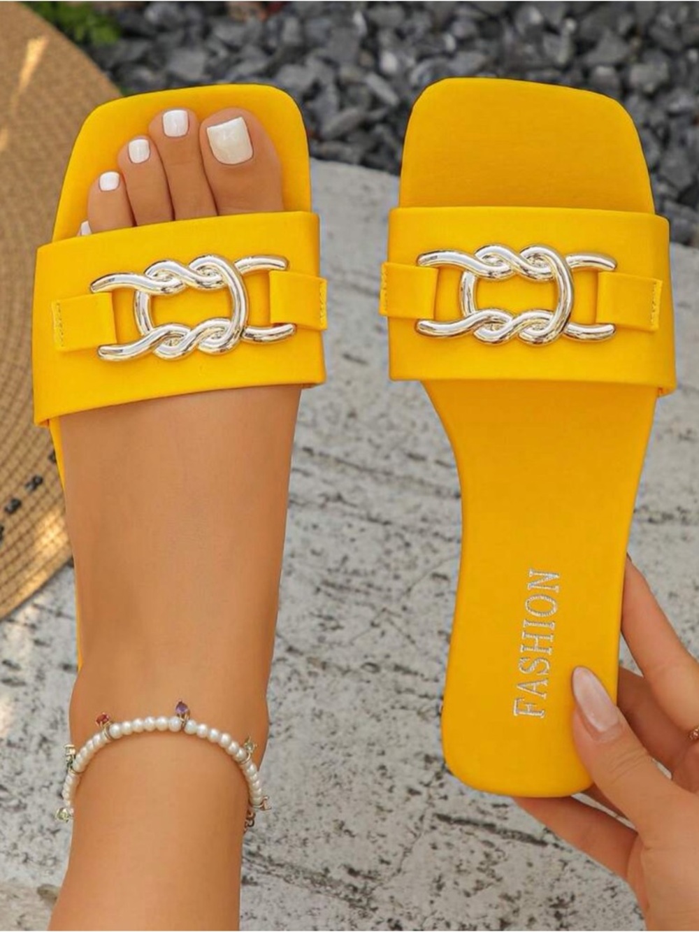 Fashion Yellow Slide Sandals with Silver Chain Accent